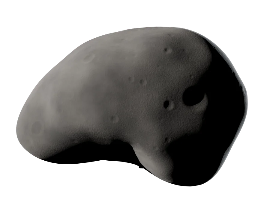 The moon Deimos, rendered from its real shape model: a dark grey-brown body under one hard light. The outline is the model; the craters and surface texture are procedural.